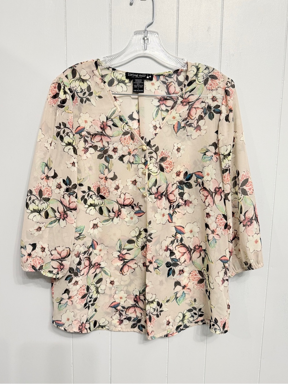 #18)  Living Doll Sheer Floral V-Neck Blouse - Blush Floral